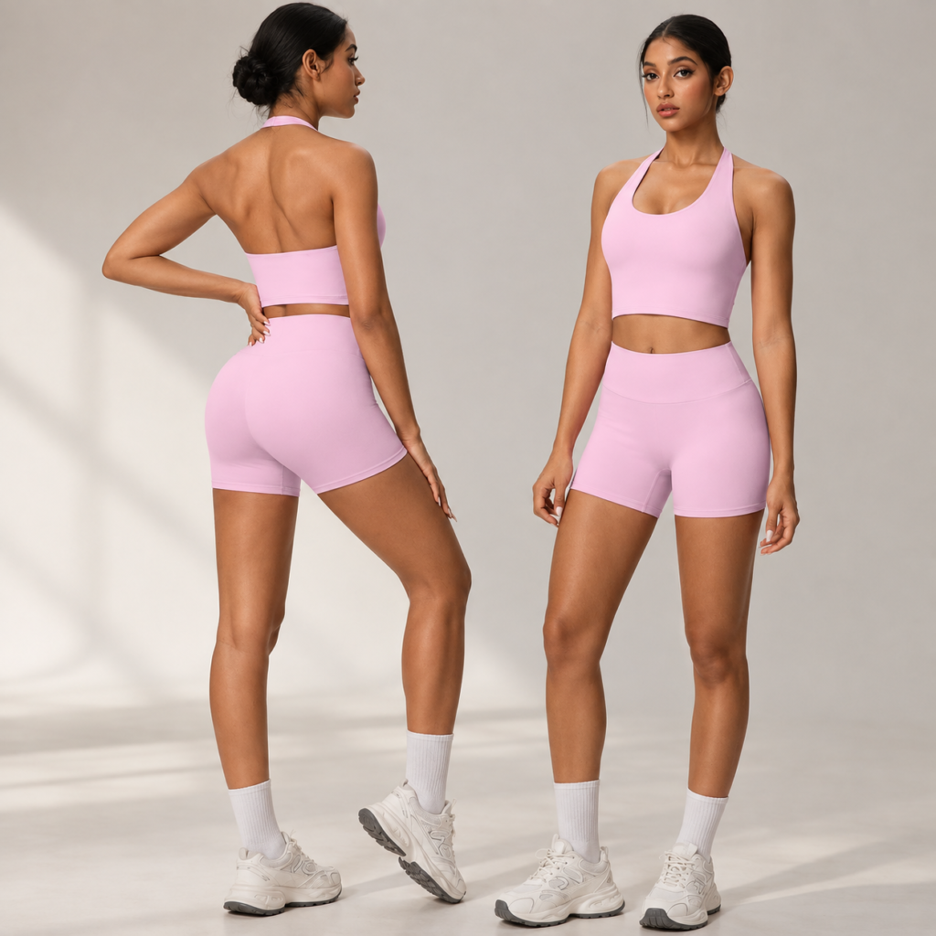 2-Piece Yoga Set – High-Waist Shorts & Backless Halter Bra for Women