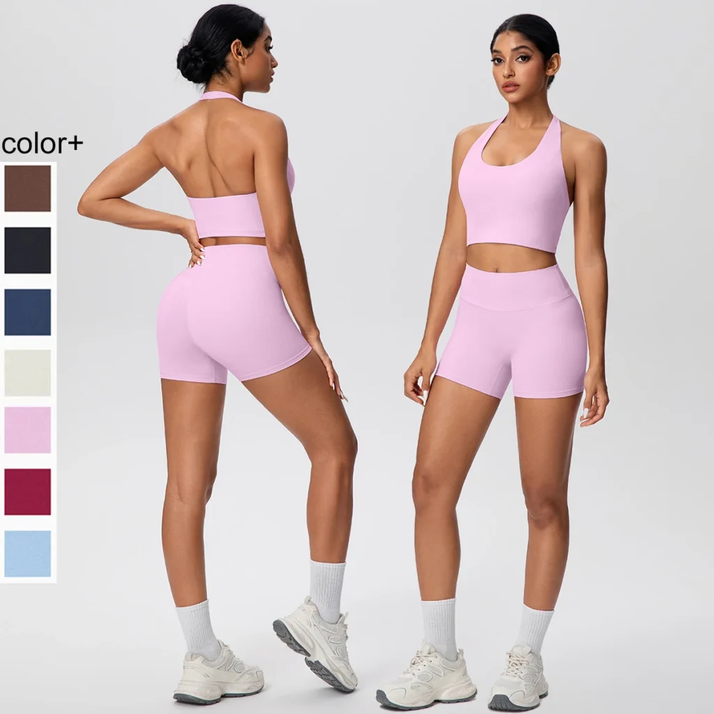 2-Piece Yoga Set – High-Waist Shorts & Backless Halter Bra for Women