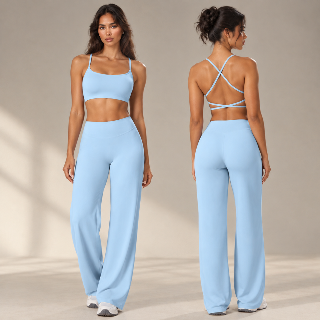Women's Yoga Set – Open Back Padded Sports Bra & High-Waist Wide Leg Pants